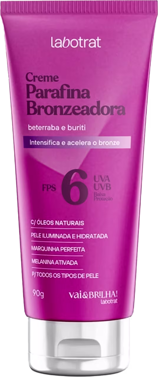 O produto apresentado é um creme bronzeador da marca Labotrat, chamado "Creme Parafina Bronzeadora". A embalagem é um tubo de plástico rosa com rótulo branco e texto em português. Volume de 90g.