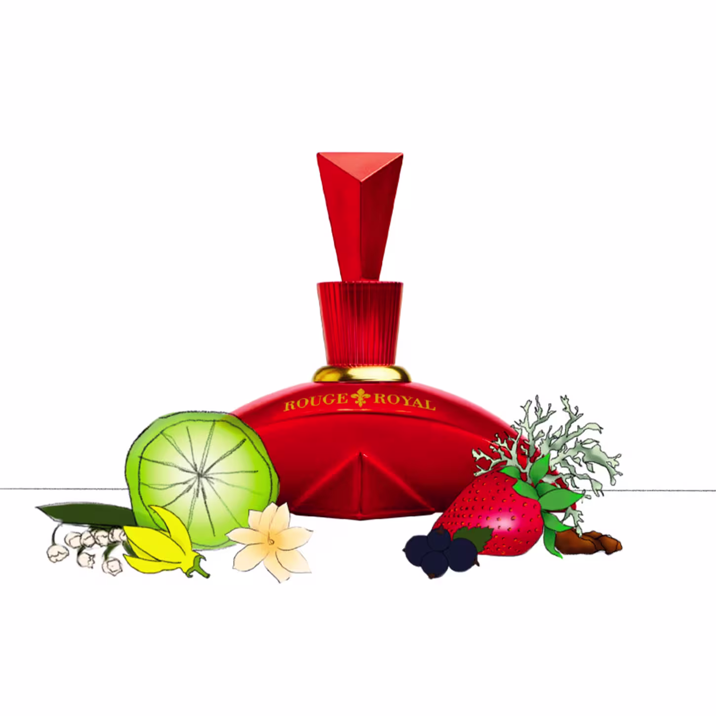 Ao redor do frasco, estão dispostos elementos decorativos como uma fatia de limão verde, uma morango estilizado com folhas, uma flor branca, grãos de café e pétalas azuis, sugerindo as notas aromáticas do perfume.