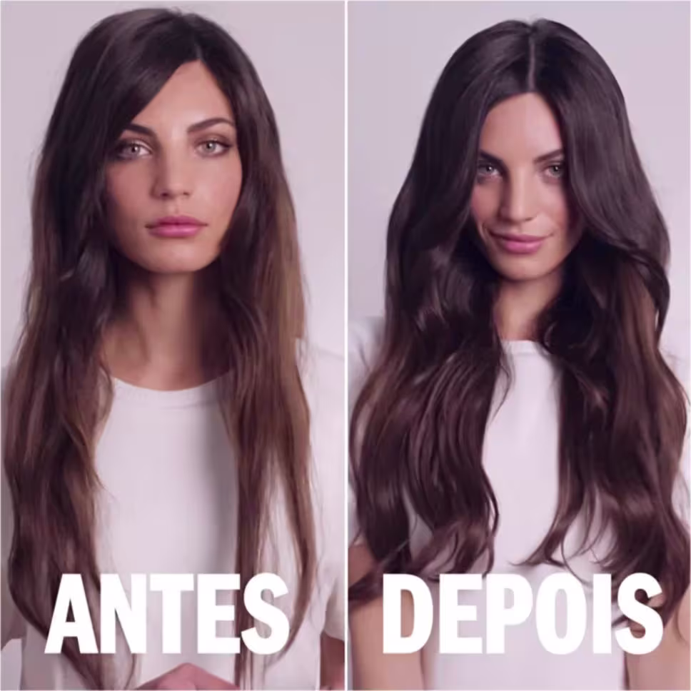 A imagem mostra uma mulher com cabelos longos e escuros antes e depois de usar a linha. À esquerda, no "Antes", o cabelo aparece mais liso e com menos volume. À direita, rotulada "Depois", o cabelo está visivelmente mais volumoso e com movimento.