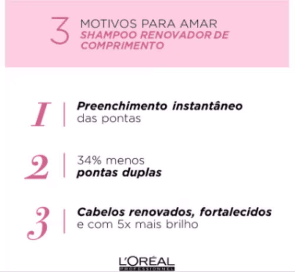 É um anúncio de um shampoo renovador de comprimento da linha L'Oréal Professionnel. O texto destaca: preenchimento instantâneo das pontas dos cabelos, redução de 34% nas pontas duplas e cabelos renovados, fortalecidos e com 5 vezes mais brilho.
