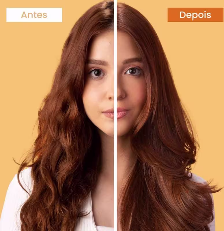 Comparação antes e depois. No lado esquerdo, o "Antes", o cabelo aparece opaco e sem brilho. No lado direito, o "Depois", com o cabelo está mais brilhante, sedoso e com aspecto saudável. A modelo tem cabelos longos e ondulados de cor castanha avermelhada.