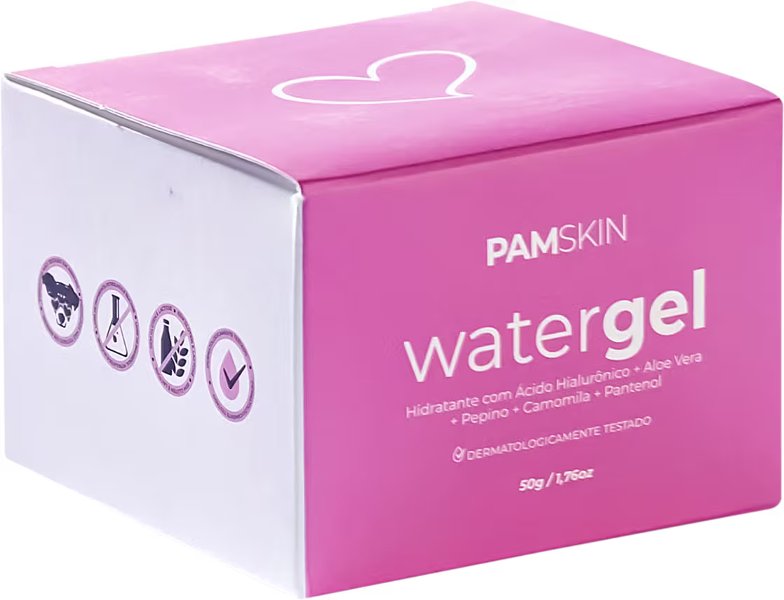 A imagem mostra uma caixa rosa do Watergel da marca PAM Skin & Beauty. A caixa apresenta alguns ícones ilustrativos indicando os benefícios e ingredientes do produto.