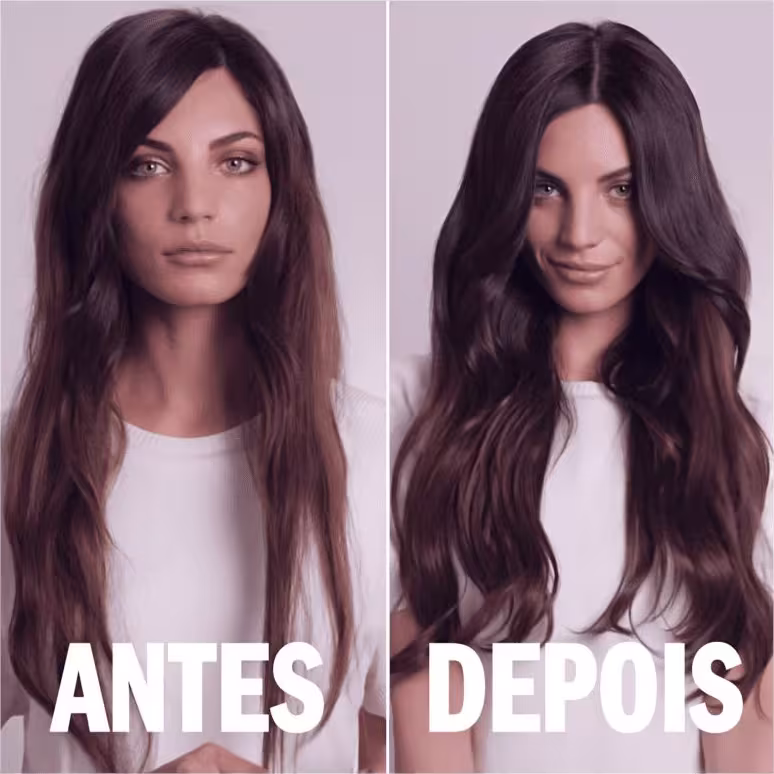 Esta imagem mostra duas fotos lado a lado de uma modelo com cabelos longos e escuros. Na foto à esquerda, rotulada "Antes", seus cabelos estão ralos e opacos. Na foto à direita, rotulada "Depois", eles estão visivelmente mais volumosos e brilhantes.