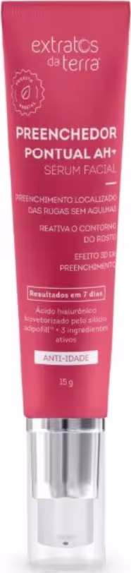 Sérum facial Preenchedor Pontual AH+ da marca Extratos da Terra, com embalagem vermelha e branca. O produto é descrito como um soro facial com efeito preenchedor e antidade.