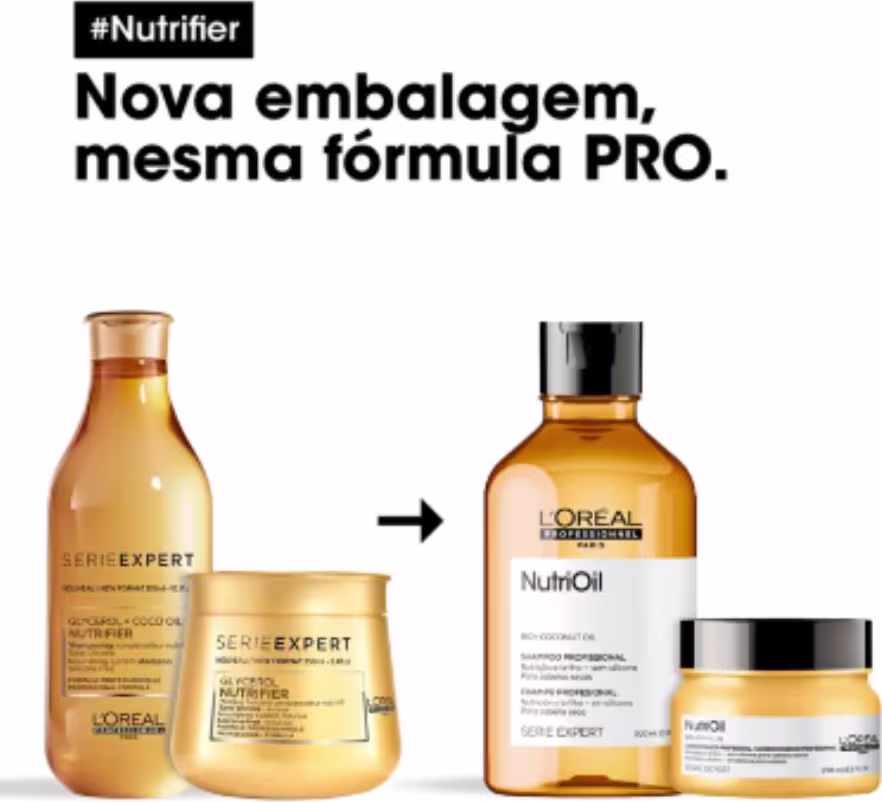 A imagem mostra à esquerda a linha nutrifier, e à direita a nova reformulação da linha que agora se chama nutrioil.