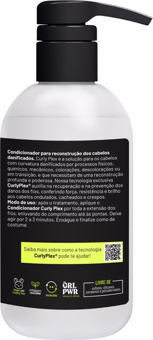 Condicionador para reconstrução de cabelos danificados em embalagem plástica branca com detalhes em preto. A embalagem tem formato cilíndrico com bomba dosadora preta. Rótulo preto com texto em português descrevendo o produto "Curly Plex".