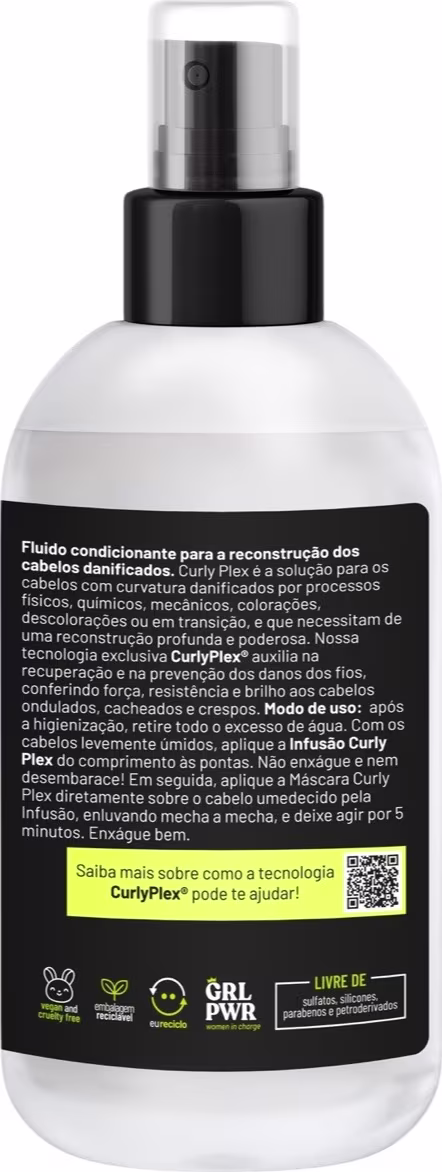 Produto de reconstrução para cabelos danificados e com curvatura. Embalagem plástica branca opaca com tampa preta. Rótulo preto e amarelo com instruções de uso em português e ícones indicando que é vegano, livre de crueldade animal e de origem renovável.