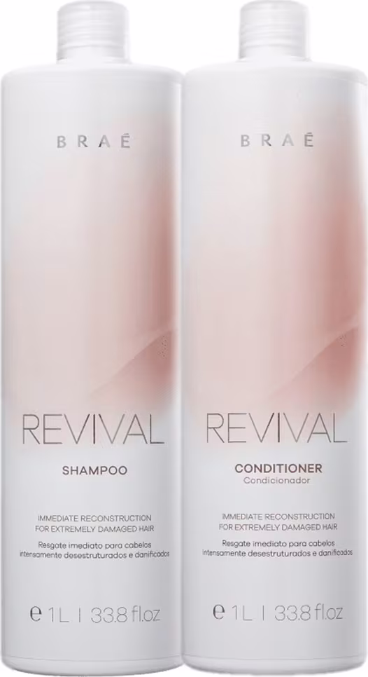 Shampoo e condicionador Revival da marca Braé para reconstrução imediata de cabelos extremamente danificados. Embalagens plásticas cilíndricas brancas opacas com detalhes em rosa claro degradê.