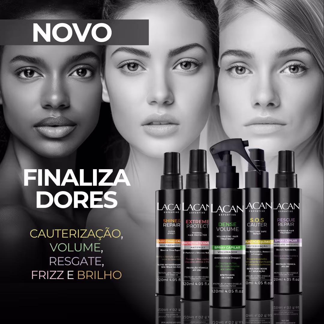 A imagem apresenta uma linha de finalizadores da marca Lacan, incluindo Shine Repair, Extreme Protect, Sense Volume e Rescue Repair, em embalagens pretas com detalhes em dourado.