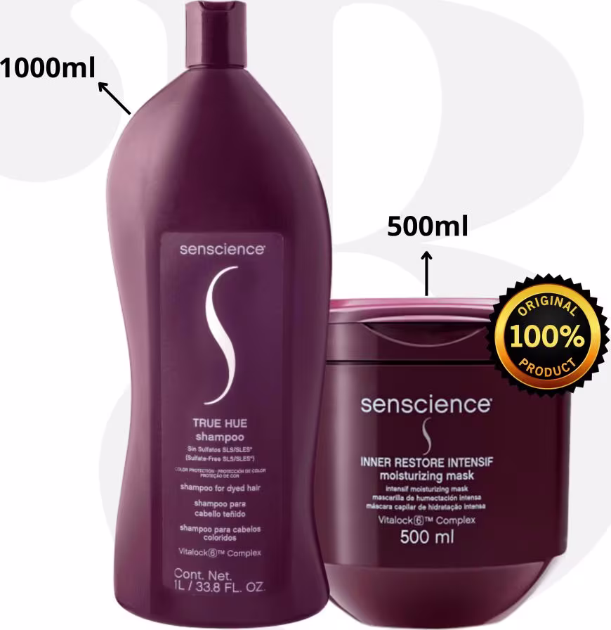 A imagem mostra dois produtos da marca Senscience. As embalagens possuem cor vinho. Um é um frasco é alongado e traz o shampoo e o outro é um pote arredondado com a máscara capilar.