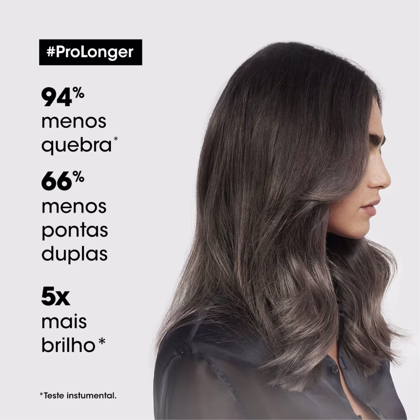 A imagem mostra uma mulher de perfil com longos cabelos castanhos ondulados e brilhantes. O texto destaca os benefícios do produto, como 94% menos quebra, 66% menos pontas duplas e 5 vezes mais brilho, de acordo com um teste instrumental.