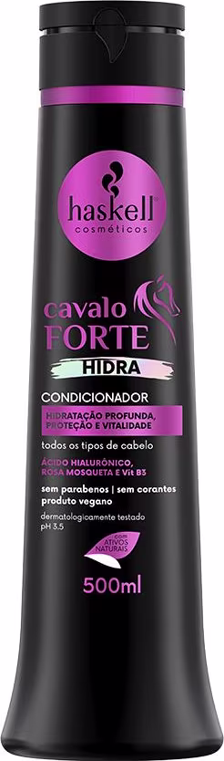 A imagem mostra o frasco do condicionador de 500ml da linha Cavalo Forte Hidra da marca haskell.
