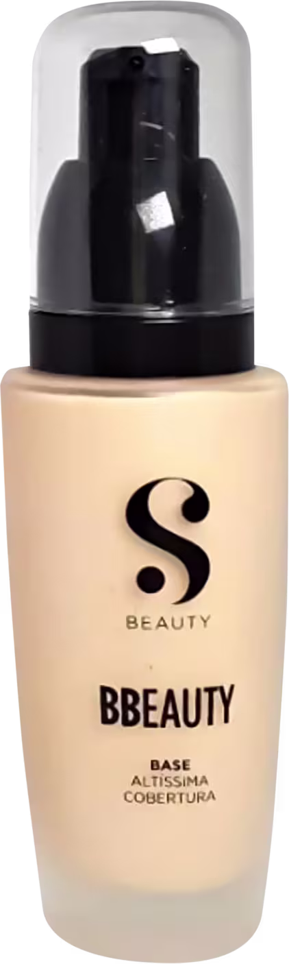 Frasco de base líquida da linha Bbeauty da marca Suelen Beauty, com embalagem plástica transparente e rótulo preto e bege. O produto é apresentado em tom de pele claro.