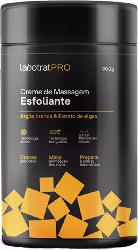 O produto apresentado é um creme de massagem esfoliante da marca Labotrat Pro. O rótulo menciona as principais características do produto, como a ação de drenagem, melhoria da circulação e preparação da pele para tratamentos.