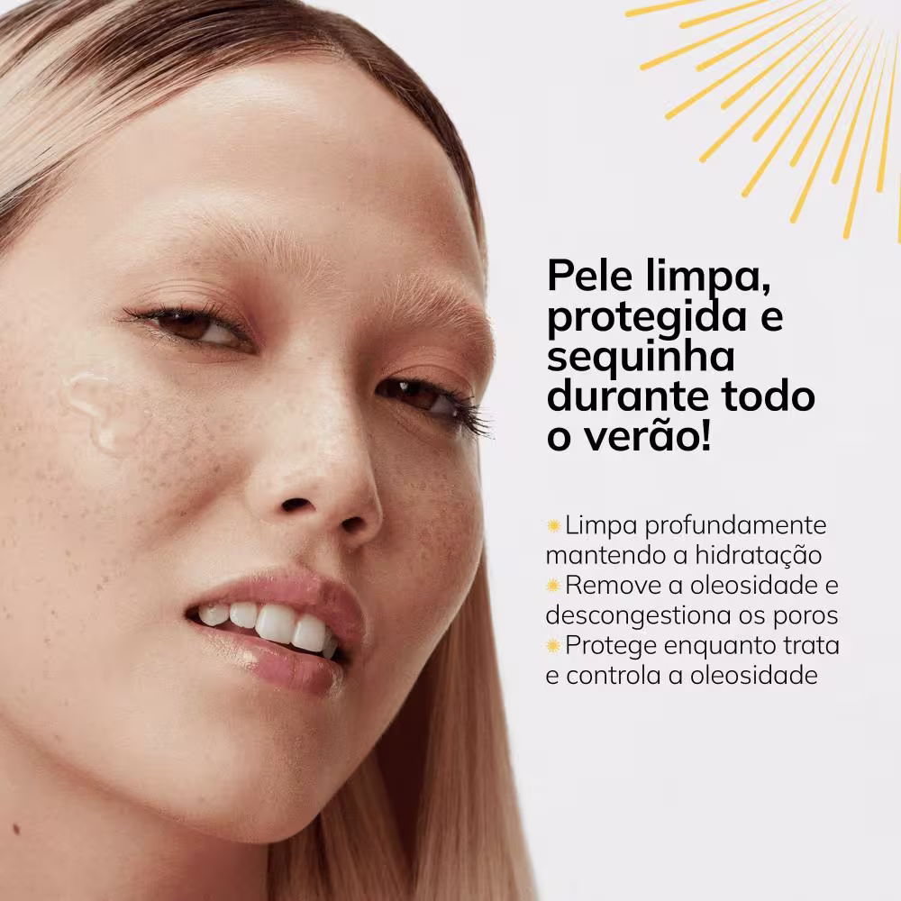 Pele limpa, protegida e sequinha durante todo o verão! Limpa profundamente mantendo a hidratação, remove a oleosidade e descongestiona os poros, protegendo enquanto trata e controla a oleosidade.