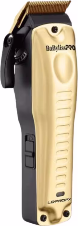 Este é um cortador de cabelo profissional da marca BaBylissPRO. O produto tem um design ergonômico com um corpo preto e detalhes em dourado metálico. Possui uma lâmina de corte aparente e um botão de controle visível.