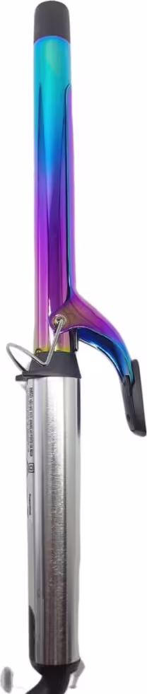 Modelador de cachos BaBylissPRO em formato cilíndrico alongado. Haste superior em tons degradê de azul, roxo e preto. Cabo emborrachado preto na extremidade inferior. Superfície ondulada para modelar cachos. Produto profissional.