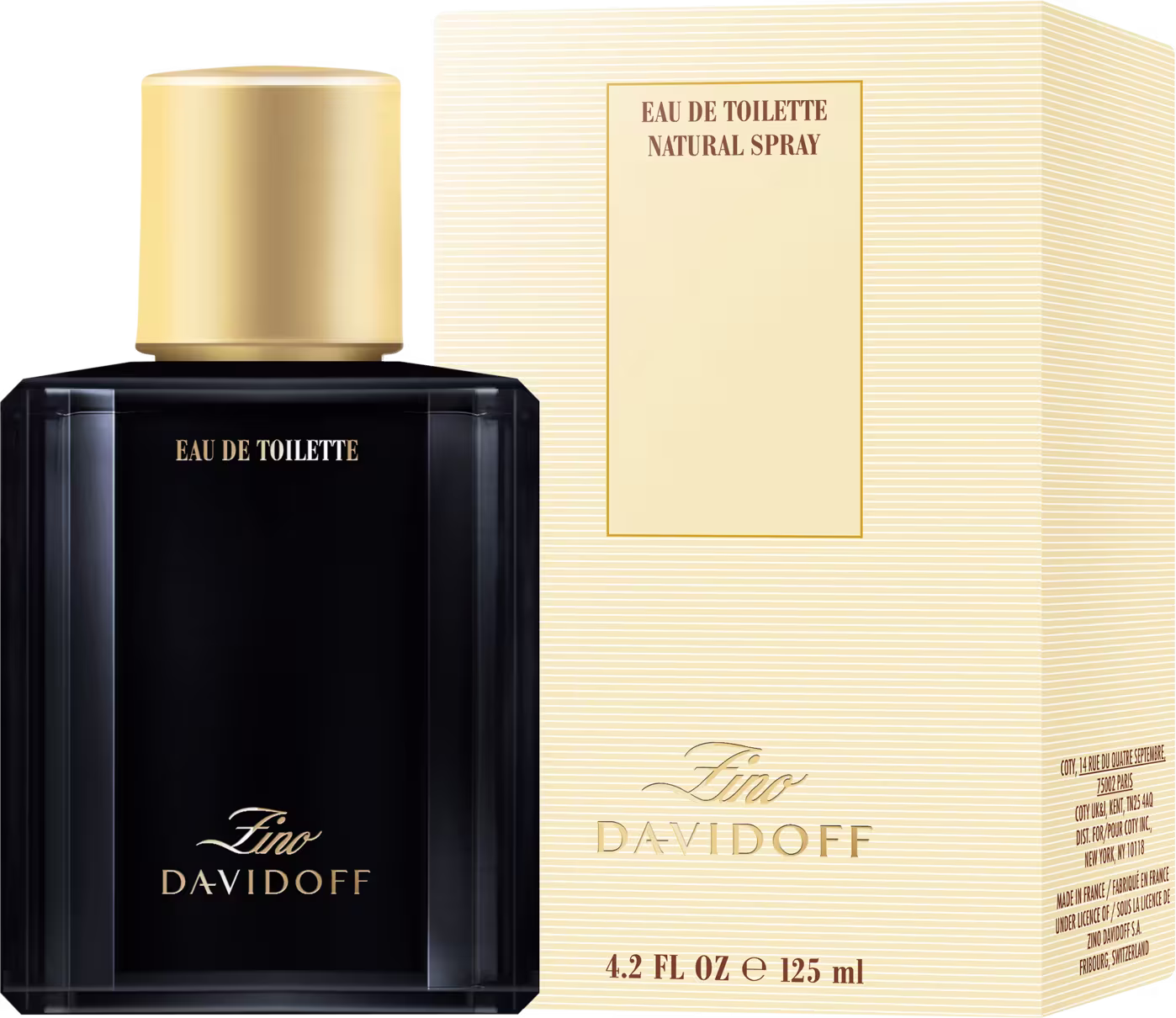 Frasco de perfume Zino Davidoff, ao lado da sua embalagem.Trata-se de uma caixa bege, texturizada e elegante.