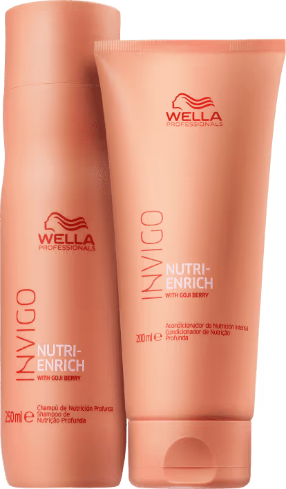 Kit com shampoo e condicionador de linha Invigo Nutri-Enrich da marca Wella Professionals.