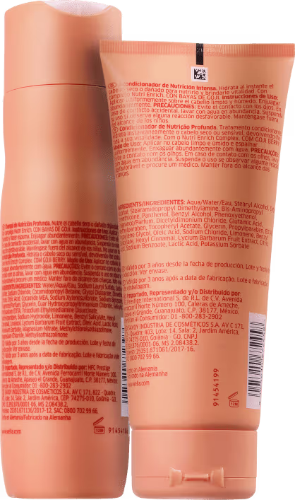 Verso das embalagens do shampoo e condicionador de linha Invigo Nutri-Enrich da marca Wella Professionals.