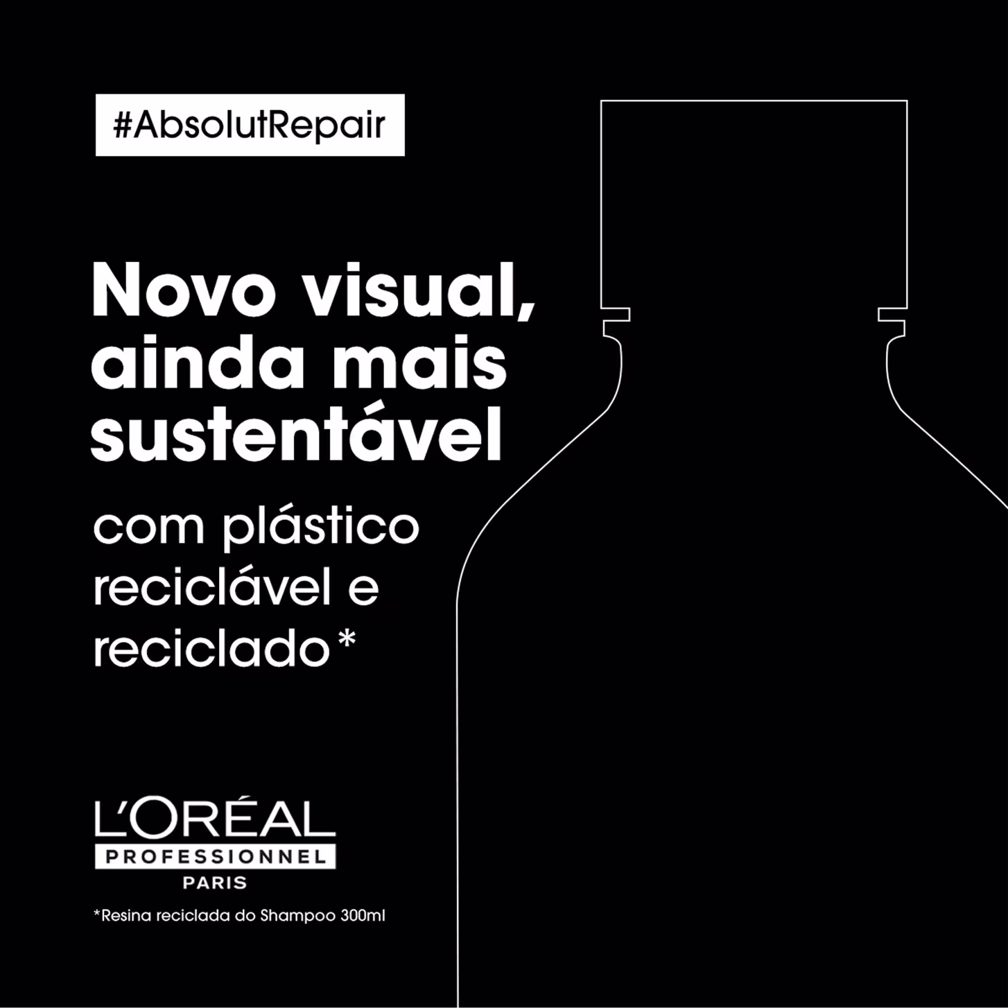 A imagem preta com texto branco e destaca o conceito "AbsolutRepair". O texto em português anuncia um "novo visual, ainda mais sustentável com plástico reciclável e reciclado". A imagem mostra uma silhueta de um frasco.