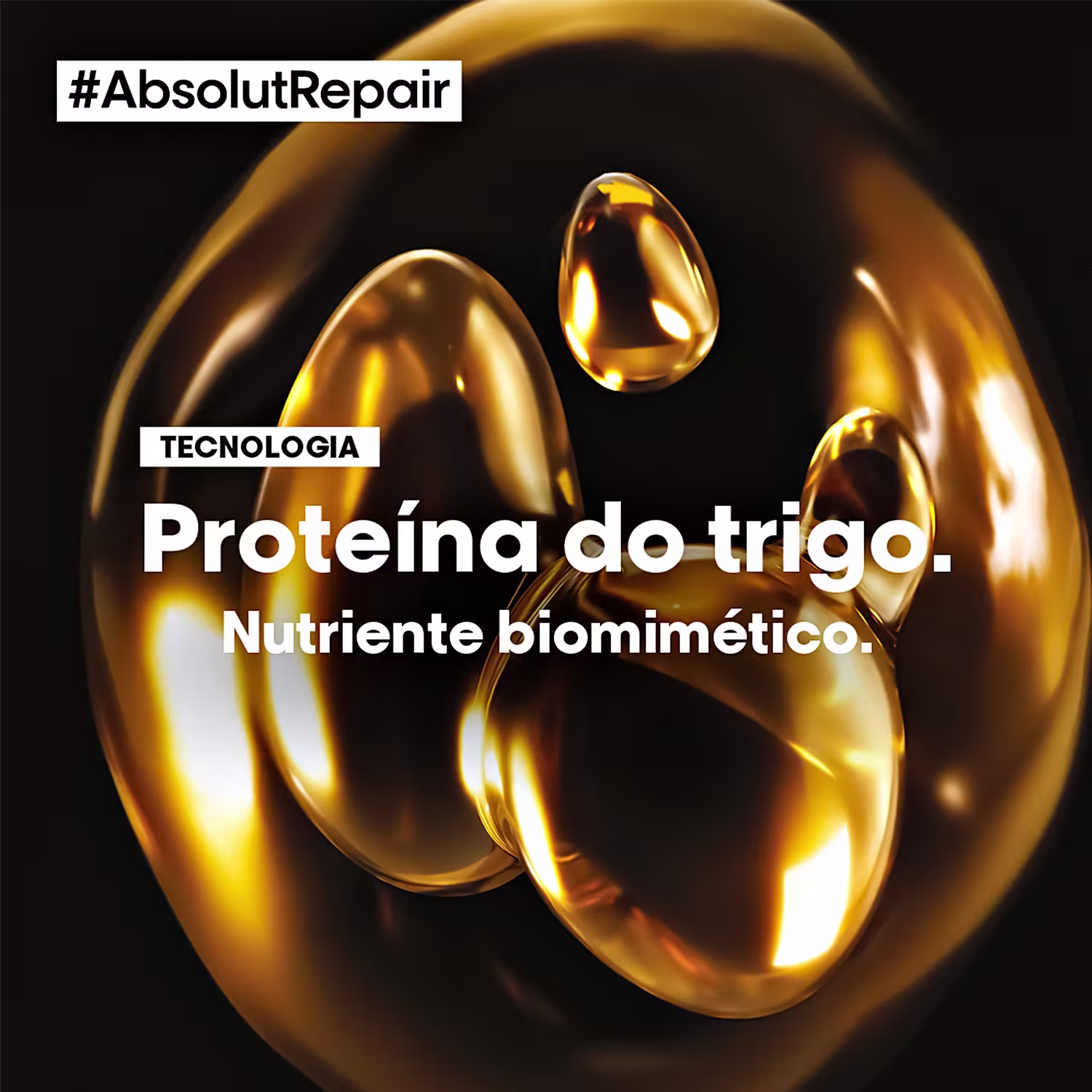 A imagem mostra cápsulas douradas brilhantes em formato de gota, aparentemente uma formulação de proteína do trigo, descrita como um "nutriente biomimético" na tecnologia AbsolutRepair. As cápsulas douradas refletem a luz.