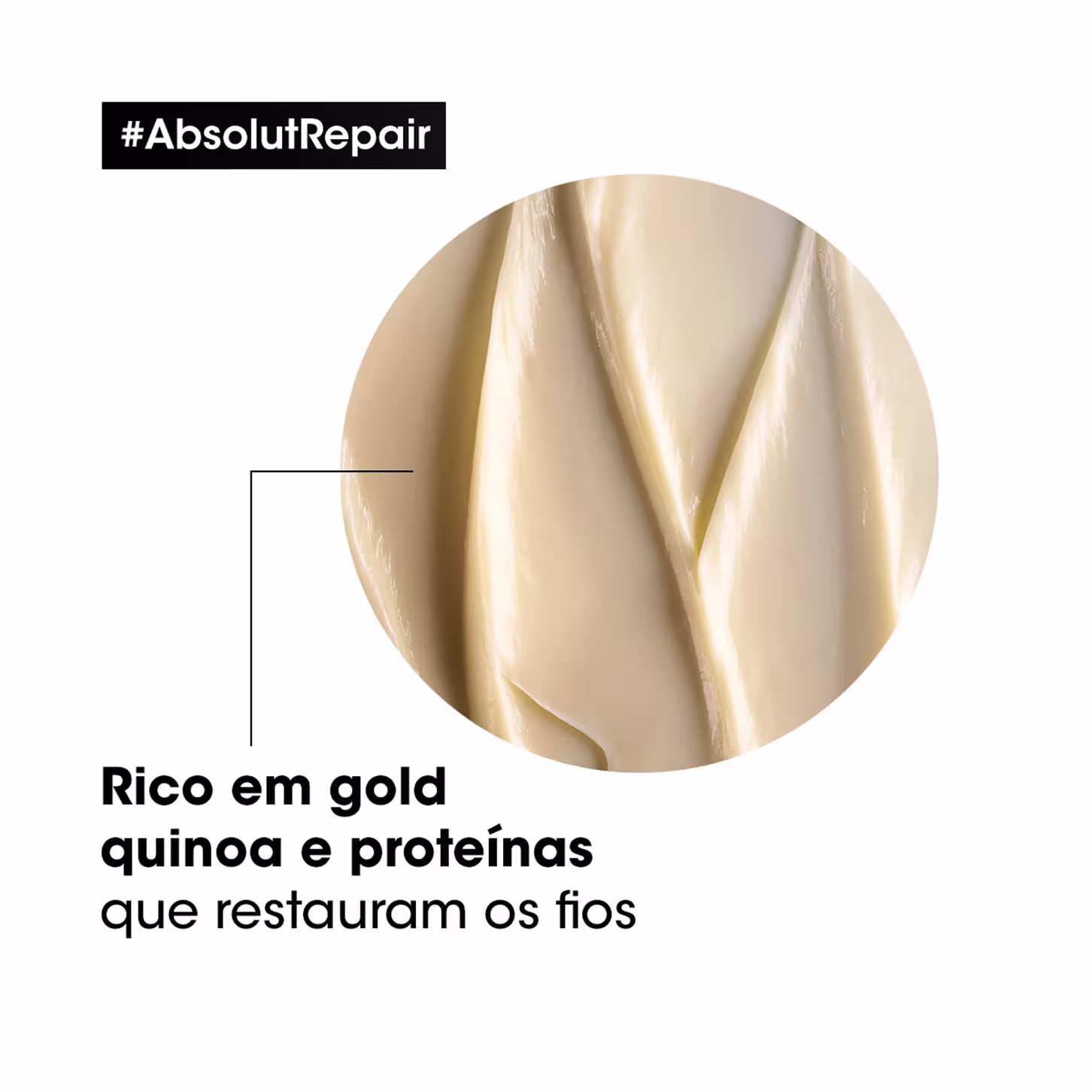 A imagem apresenta uma amostra do creme e texto indica: rico em gold quinoa e proteínas que restauram os fios.