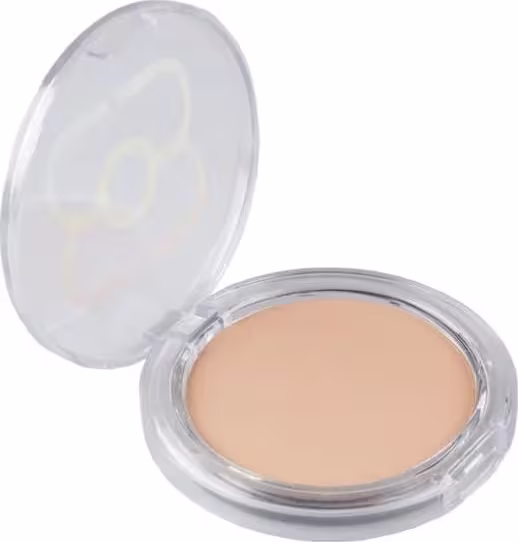 Pó compacto facial em embalagem plástica transparente redonda com tampa articulada. A base do pó tem cor bege claro e textura prensada uniforme. Não há rótulos ou textos visíveis na embalagem.