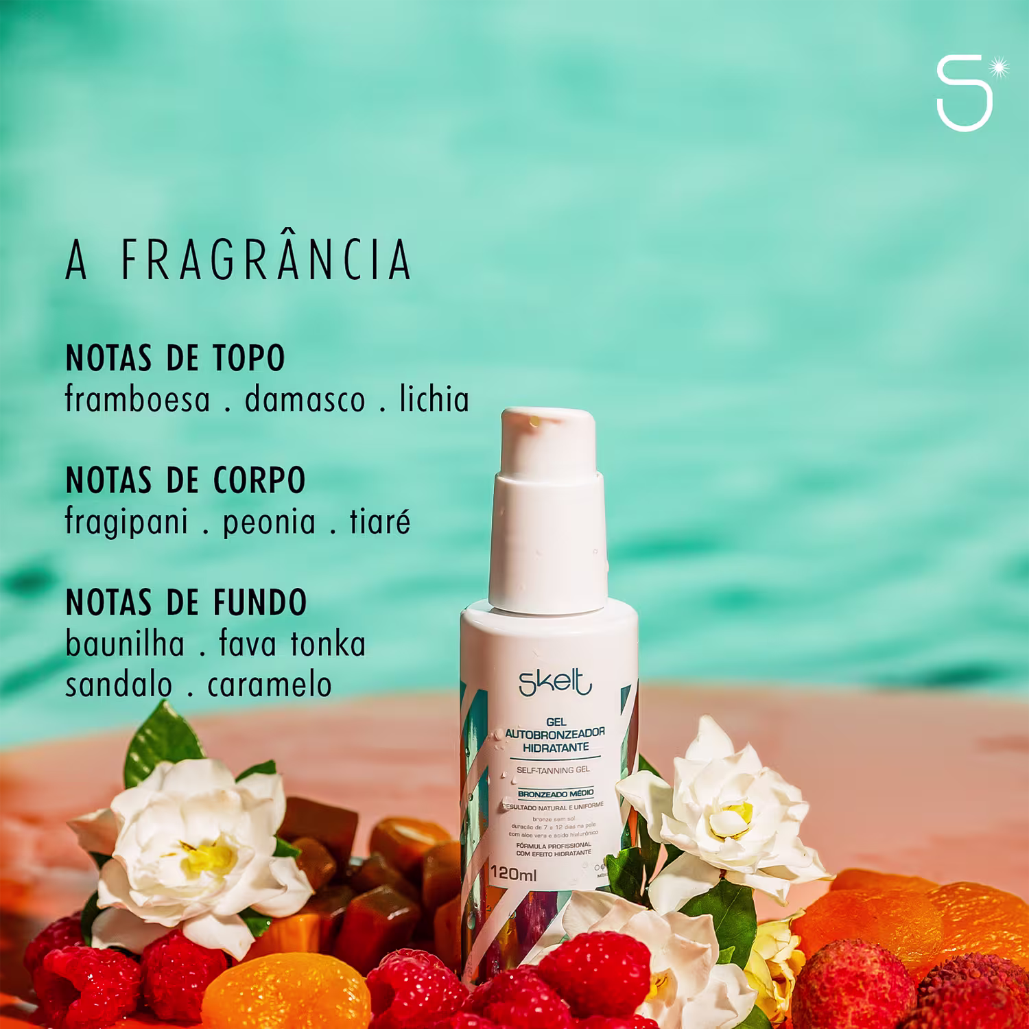 Gel Autobronzeador Skelt Bronze & Glow. Ressalta que a fragrância apresenta que as notas de topo Framboesa, Damasco e Lichia. Notas de Corpo: Fragipani, Peonia, Tiaré. Notas de Fundo: Baunilha, Fava Tonka, Sândalo e Camarelo.