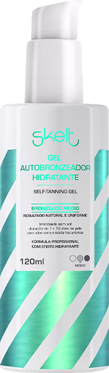 Gel Autobronzeador Skelt Bronze & Glow. Possui frasco cilíndrico, com tons de branco e azul metálico.