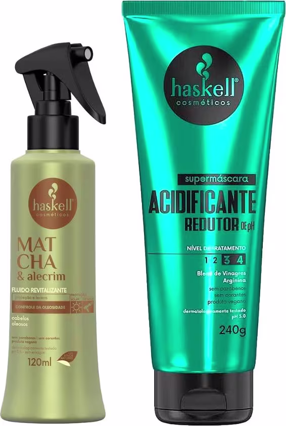 Dois itens: um frasco spray verde-claro com rótulo "Matcha & alecrim" e um tubo de creme verde-turquesa com rótulo "Supermáscara Acidificante Redutor de pH". Ambos os produtos exibem o logotipo da marca Haskell em destaque.