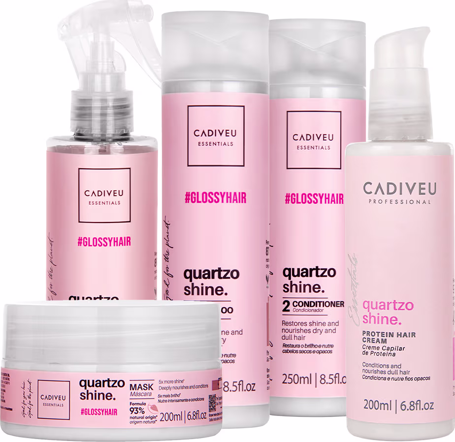 Produtos da linha Cadiveu Essentials Quartzo Shine, incluindo Shampoo Condicionador Fluído Máscara e Protein Hair Cream, em embalagens com predominância de cores rosa e branca.