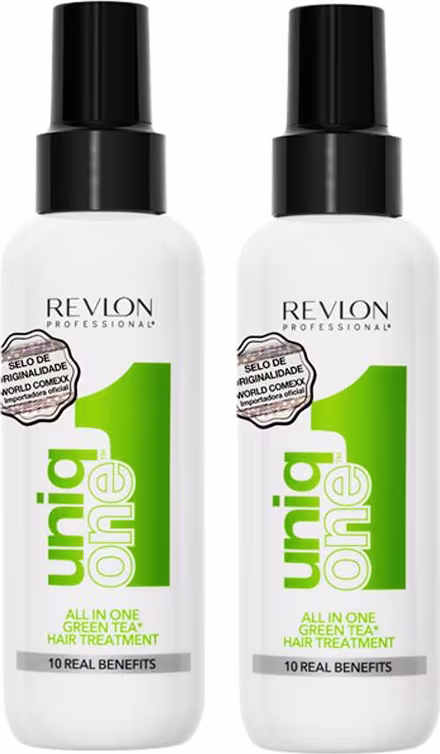 Dois leave-ins de 150ml cada da linha Uniq One da Revlon Professional. Apresentam rótulos com o logotipo da Revlon, o nome "Uniq One" e a descrição "All in One Green Tea Hair Treatment" (Tratamento Capilar Tudo em Um de Chá Verde) em verde e preto.
