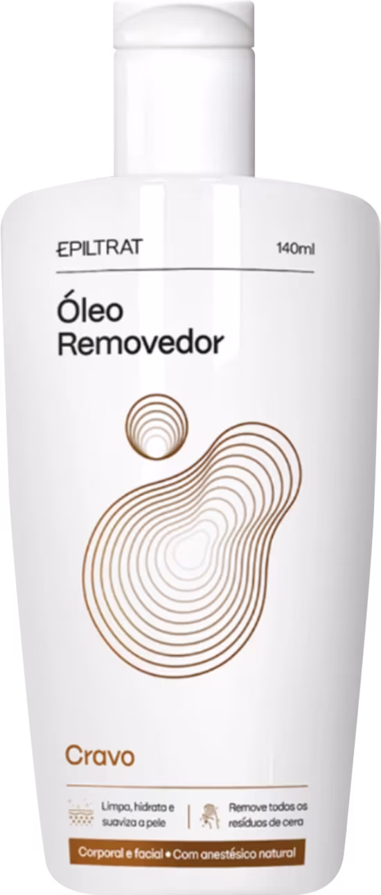 O produto apresentado é um óleo removedor da marca Labotrat, com o nome "Óleo Removedor de Cera" impresso no rótulo. A embalagem é um frasco branco com tampa, contendo 140ml do produto.