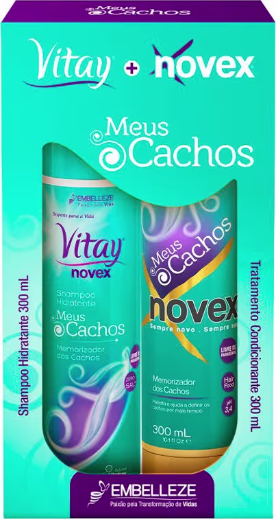 A imagem mostra caixa com kit do shampoo e condicionador Embelleze Novex Meus Cachos, de 300ml cada. O design da embalagem apresenta cores vibrantes como verde-água, roxo e laranja, com imagens estilizadas de cachos.