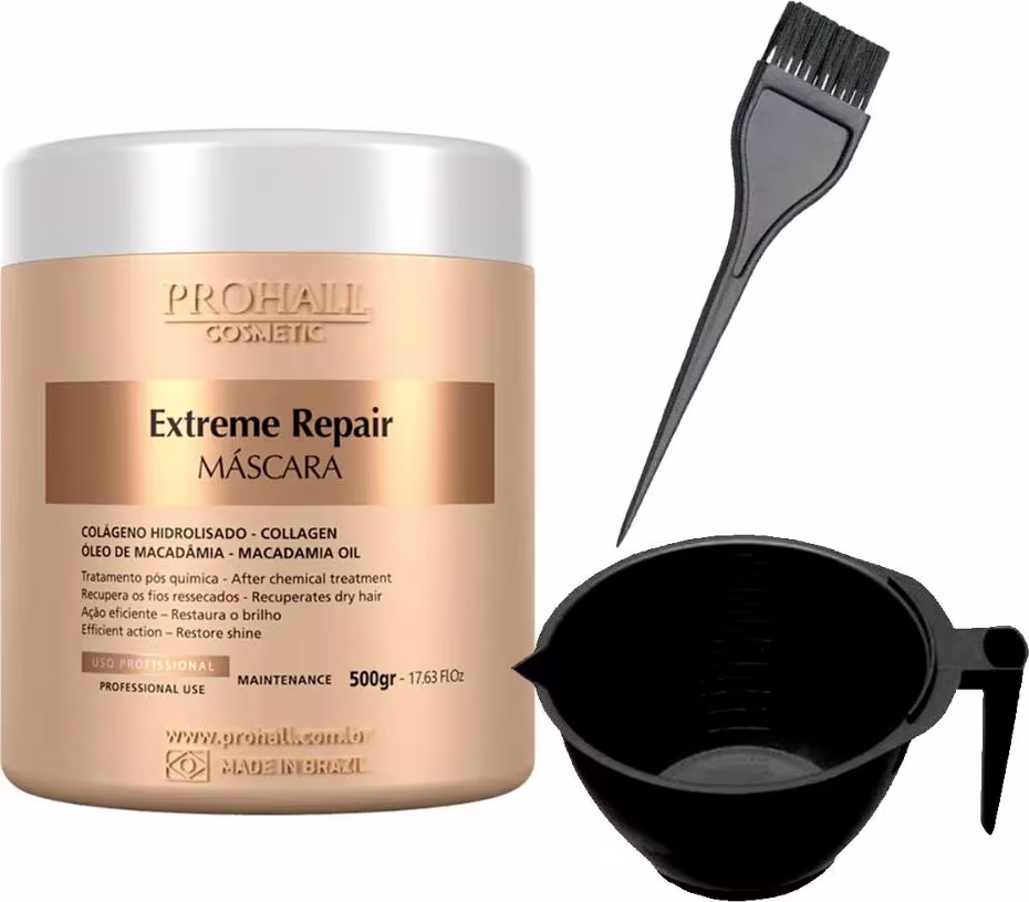 Kit com máscara capilar Extreme Repair e cumbuca capilar, da marca Prohall Cosmetic.