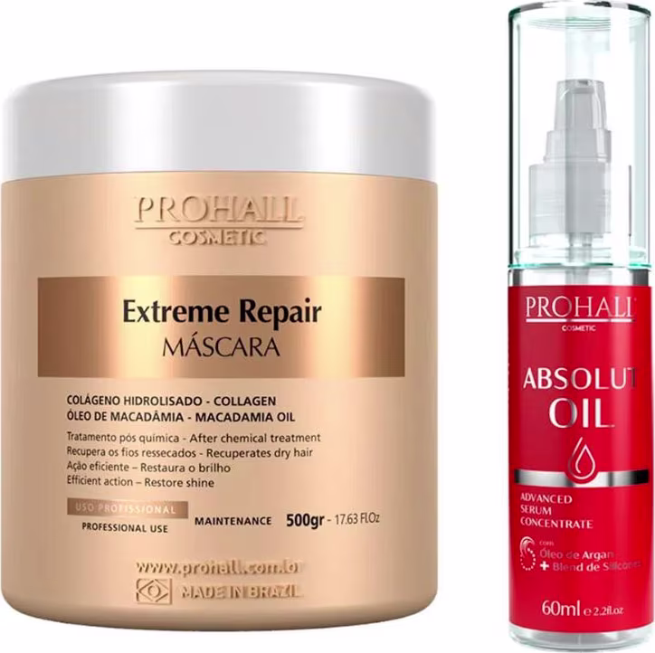 Máscara capilar Extreme Hair e reparador de pontas Absolut Oil, da marca Prohall Cosmetic.