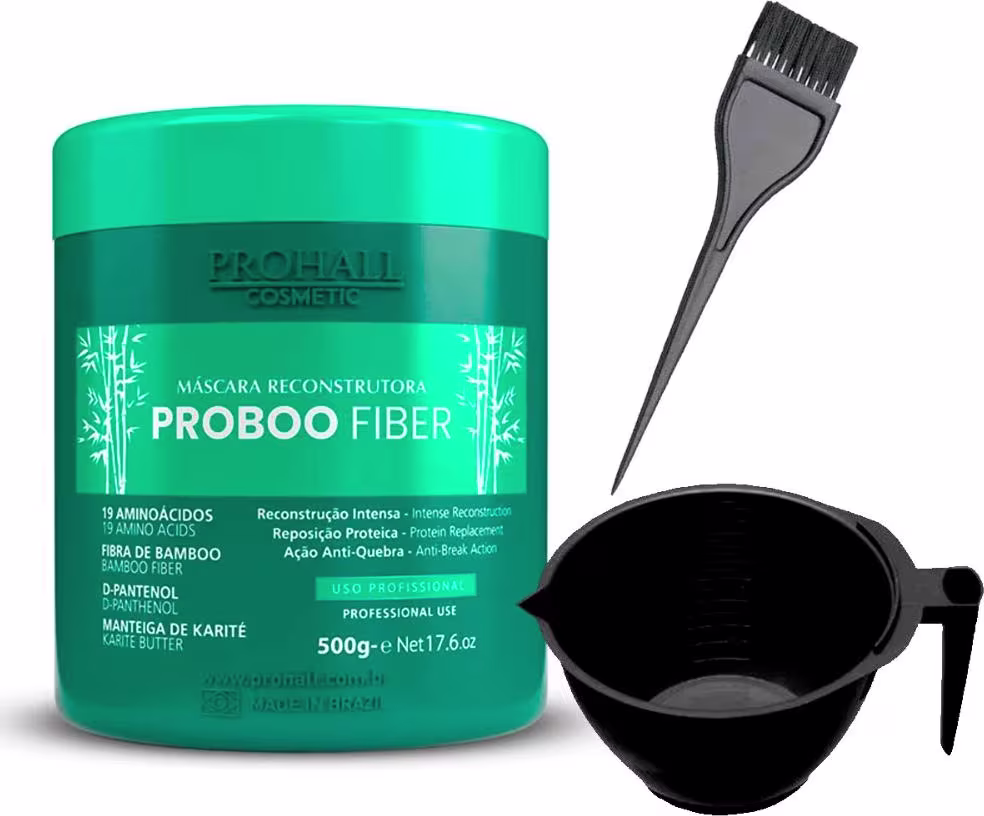 Kit com máscara capilar Proboo Fiber e cumbuca capilar, da marca Prohall Cosmetic.
