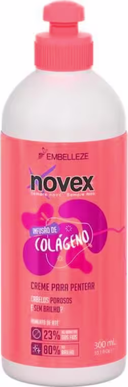 A imagem mostra o Creme para Pentear  Infusão de Colágeno 
 da marca Novex da Embelleze. O frasco é branco, com uma tampa rosada e detalhes em tons de rosa e roxo. Traz indicação para cabelos porosos e sem brilho.
