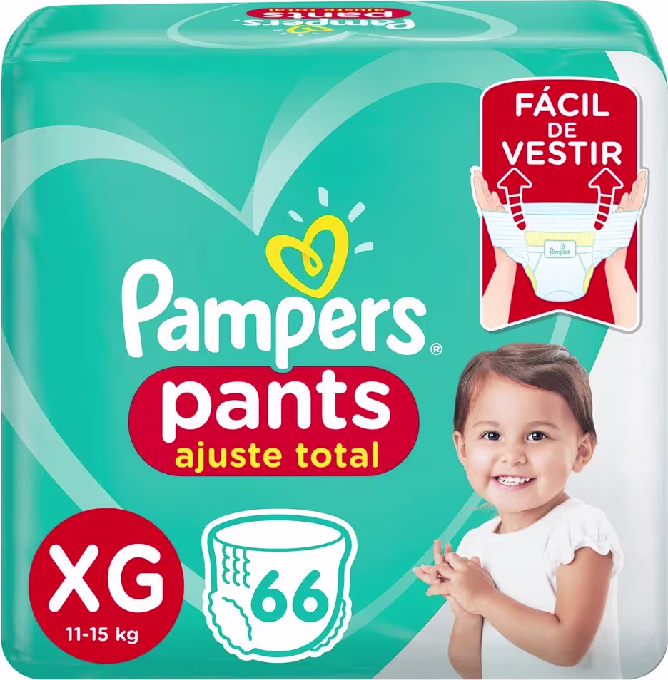 Pacote de fraldas-calça Pampers tamanho XG, 11-15 kg, com 66 unidades. Embalagem verde com logotipo da marca e texto "Fácil de vestir". Imagem de criança sorridente no rótulo.