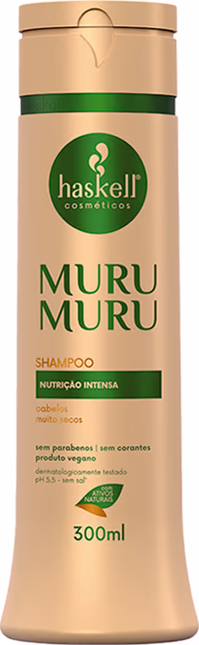 Shampoo Haskell, chamado "MuruMuru". A embalagem é um frasco dourado com um rótulo verde, contendo 300ml do produto. O rótulo apresenta informações sobre a composição do shampoo, destacando que é "sem parabenos, sem corantes" e "produto vegano".