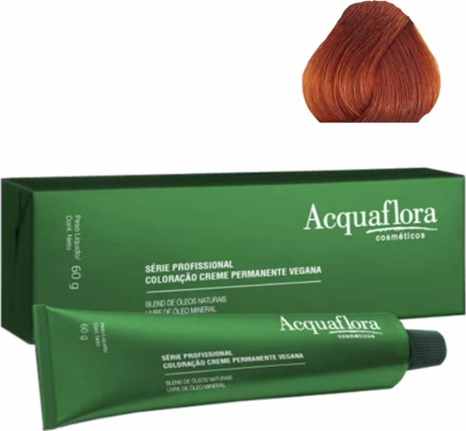 Caixa verde e tubo de creme permanente vegano da série profissional da marca Acquaflora, com rótulo indicando a coloração 8.44 Louro Claro Cobre Intenso.