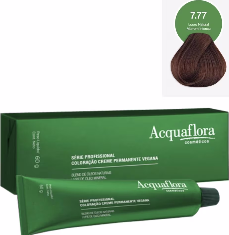 Caixa verde da linha profissional de coloração creme permanente vegana da marca Acquaflora, contendo um tubo de coloração na cor 7.77 Louro Natural Marrom Intenso.