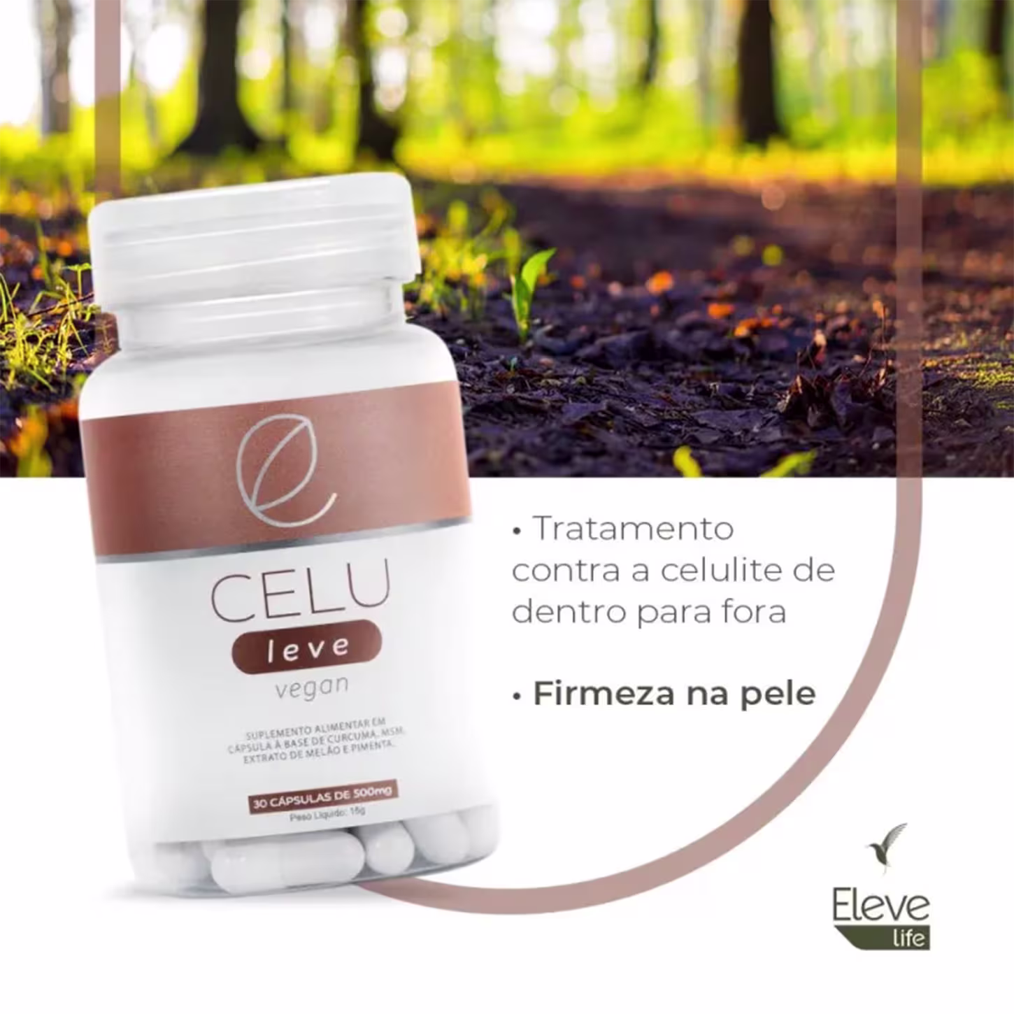 Caixa e frasco de cápsulas Celu Leve, um suplemento alimentar vegano à base de curcuma e extrato de melão amargo, com 30 cápsulas de 500mg cada.