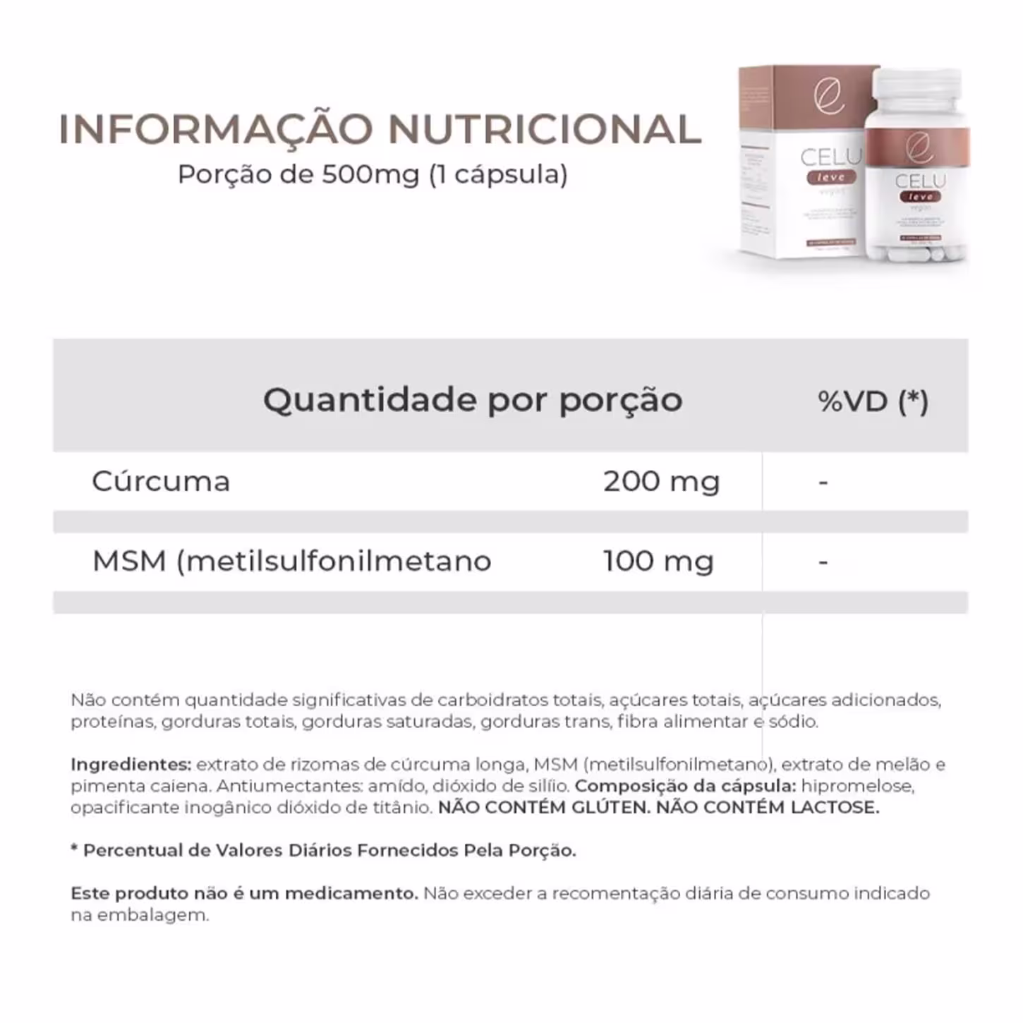 Caixa e frascos de suplemento alimentar CeluLeve, com informações nutricionais e ingredientes. Destaque para a curcuma e MSM (metilsulfonilmetano) como componentes principais.