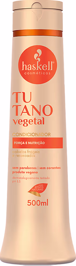 Condicionador Haskell. O frasco possui um rótulo circular laranja com o logotipo da marca Haskell. O produto é descrito como tendo "força e nutrição" e é indicado como sendo livre de parabenos e corantes, além de ser um produto vegano.