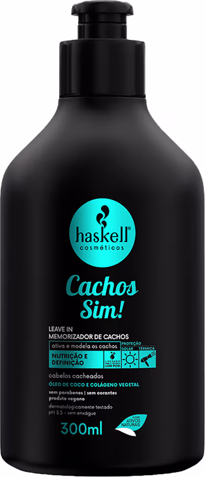 Leave-in memorializador de cachos Haskell Cosméticos, com o nome "Cachos Sim!"