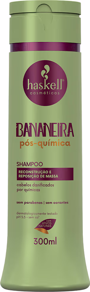 Shampoo da linha Bananeira pós-química da marca Haskell. A embalagem contém informações como a indicação de que é um shampoo para reconstrução e reposição de massa capilar após procedimentos químicos. O frasco possui capacidade de 300ml.