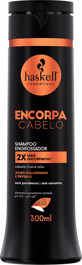 Shampoo Haskell Encorpa Cabelo. O frasco possui um design cilíndrico e uma tampa preta. O tamanho do produto é de 300ml.