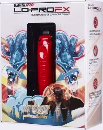 Máquina de acabamento capilar BaByliss Pro. Embalagem retangular com fundo branco e ilustrações coloridas. A embalagem exibe o logotipo BaByliss Pro e informações do produto.